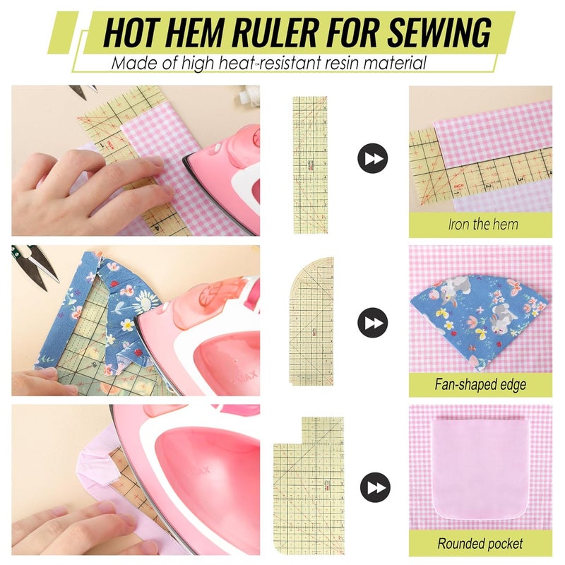 MYLbeter 3 Pieces Hot Hem Ruler for Sewing Ruler Heat Resistant Ruler for Quilting and Sewing Tool Thin Pattern Making Clean Measuring Non-Slip Pressing Tool - Image 2
